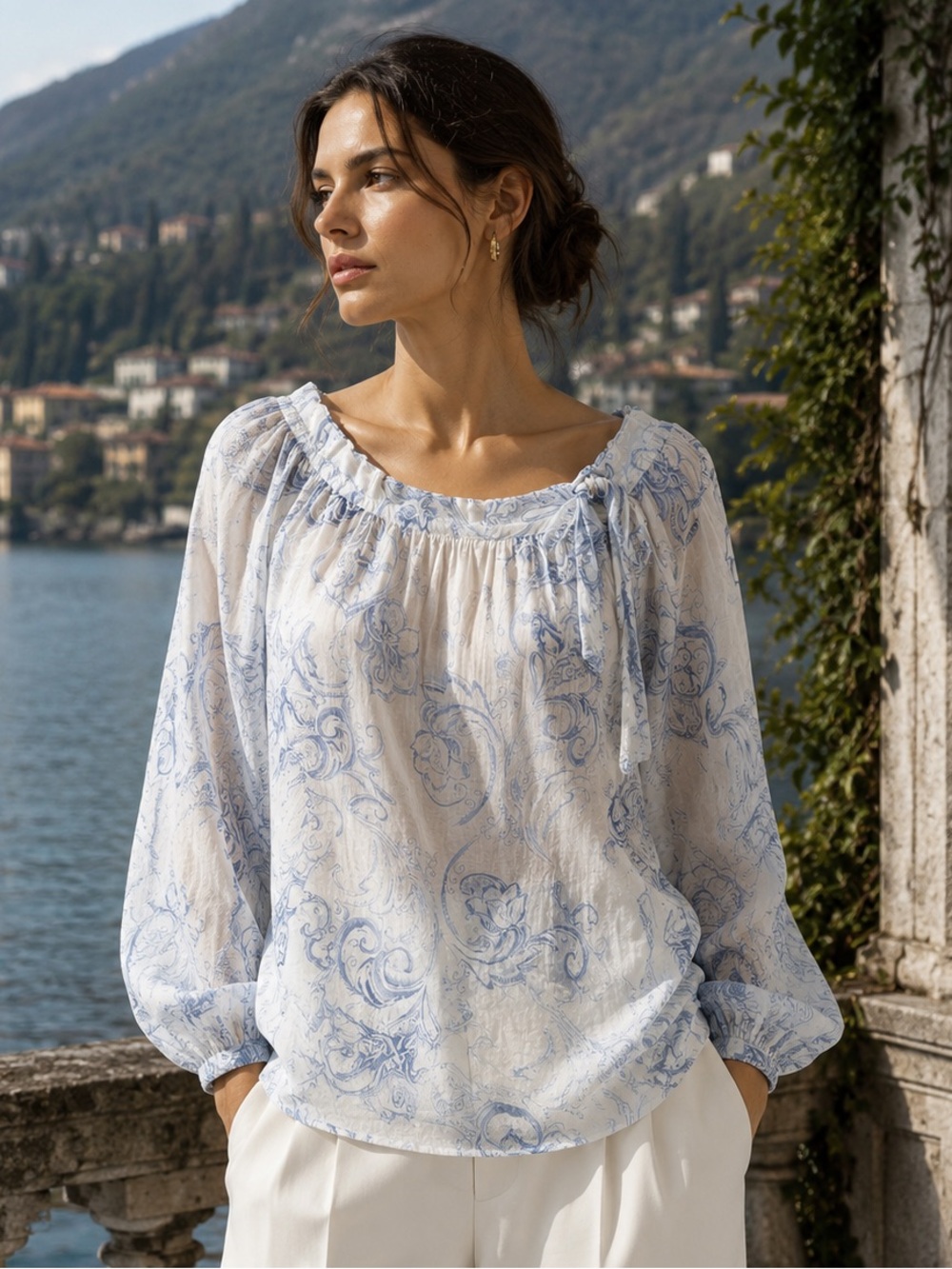 GIUSY Blue and White Silk Overlay Resortwear Lightweight Tie Neck Blouse, L